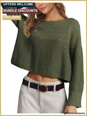 Women's Cotton Blend Ribbed Knit Cropped Pullover Sweater Crew Neck